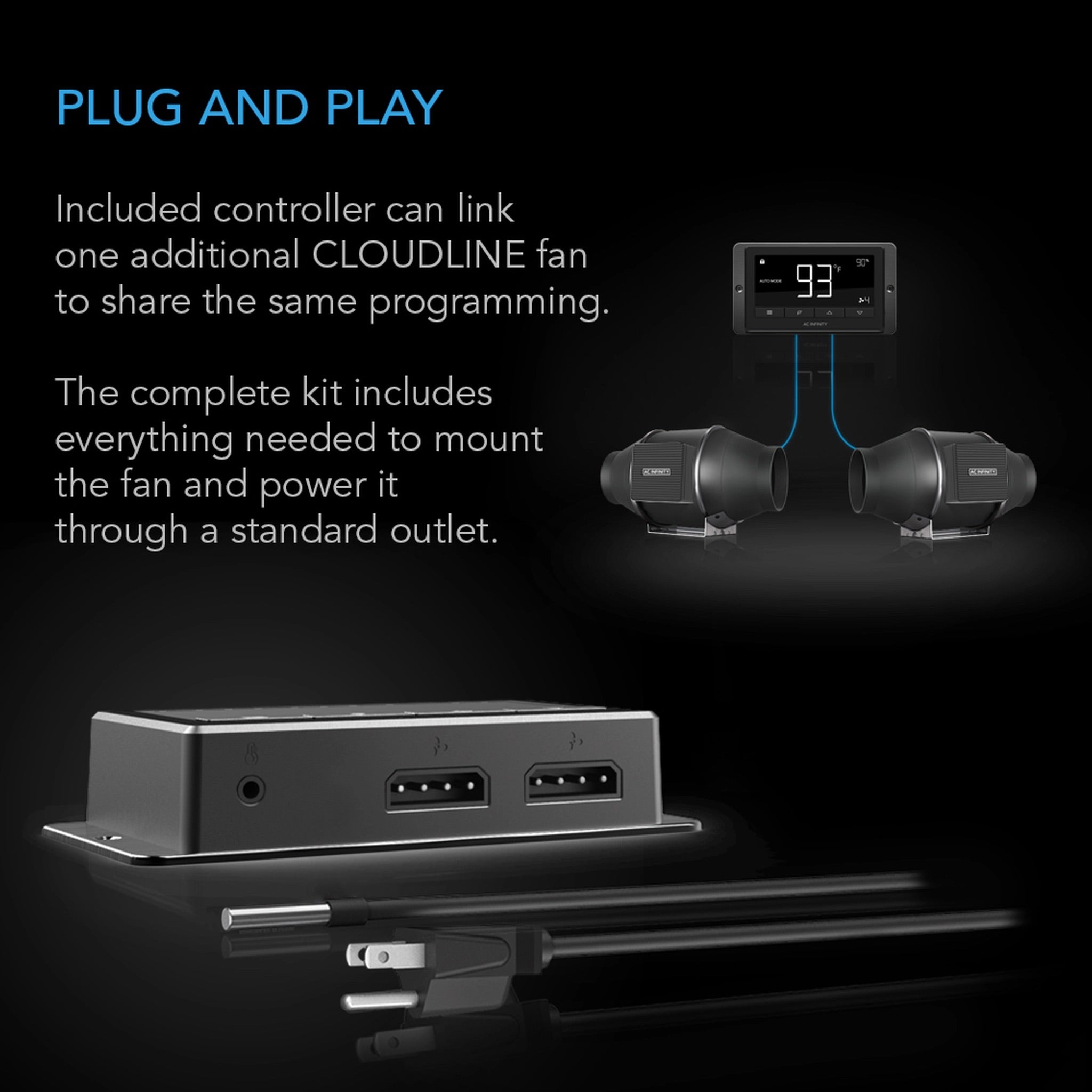 AC INFINITY CLOUDLINE QUIET INLINE DUCT SYSTEM T4 FAN & TEMPERATURE AND HUMIDITY CONTROLLER 4"