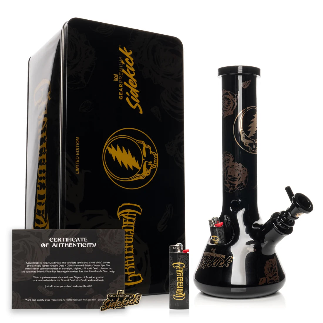 12" 7mm Thick Black & Gold Steal Your Face Sidekick Water Pipe (Limited Edition of 420)