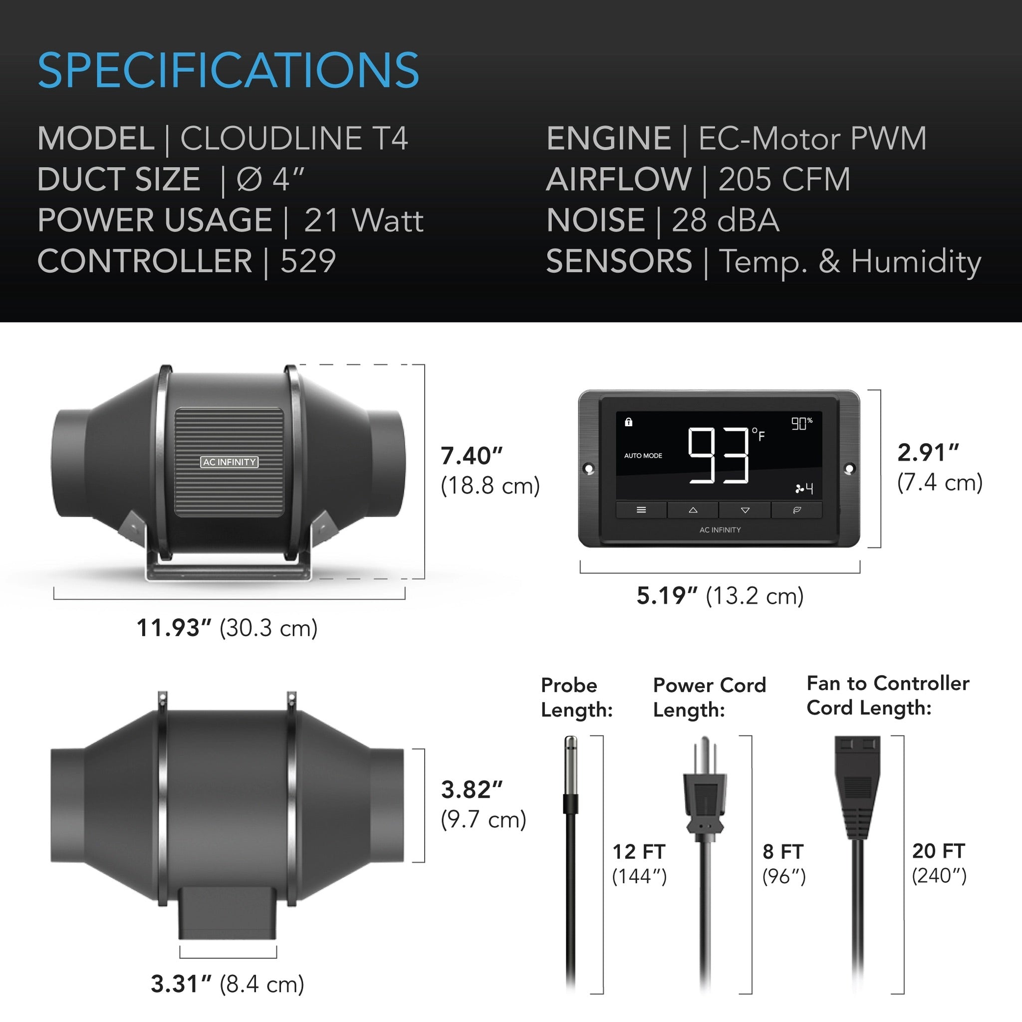 AC INFINITY CLOUDLINE QUIET INLINE DUCT SYSTEM T4 FAN & TEMPERATURE AND HUMIDITY CONTROLLER 4"