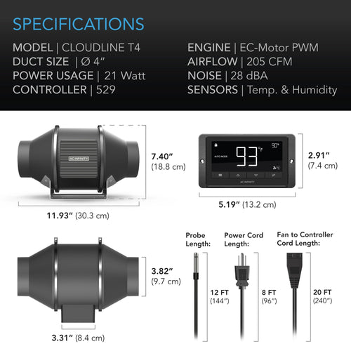 AC INFINITY CLOUDLINE QUIET INLINE DUCT SYSTEM T4 FAN & TEMPERATURE AND HUMIDITY CONTROLLER 4"